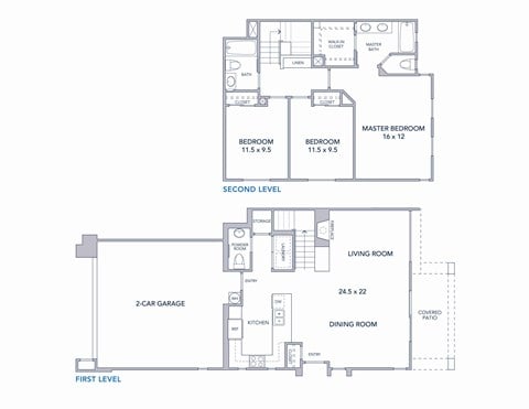 A floor plan of a two-story house with a garage.